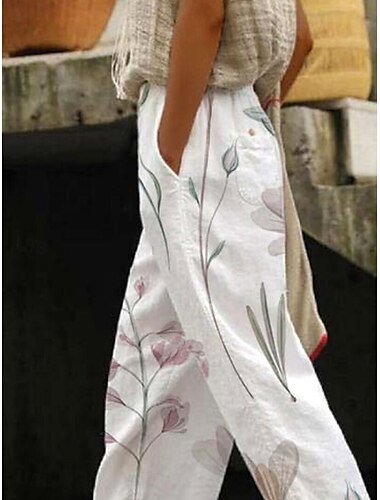  Damen Baumwoll-Leinen-Hosen Baggy-Hosen Leinenähnlich Elegant Vintage Mode Volle Länge Hohe Taille Floraler Druck Atmungsaktiv Weich Mikro-elastisch Außen Täglich Leinenähnlich Perlenweiss Regular Fit