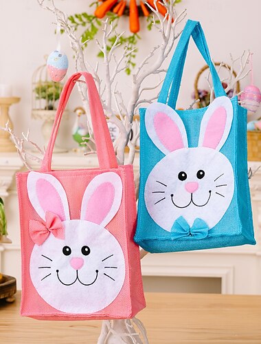  Conjunto de 2 sacolas de presente com coelhinhos de desenho animado, em tons de rosa, perfeitas para decoração de Páscoa, festas de primavera, lembrancinhas, embalagens de presentes infantis ou