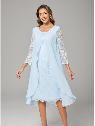 A-Line Mother of the Bride Dress Elegant Plus Size Crew Neck Knee Length Chiffon Lace Long Sleeve with Lace 2025