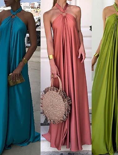  Mulheres Vestido Longo Vestido Maxi vestido de cetim Vestido casual Vestido de verão Vestido decote halter Moda Ao ar livre Feriado Encontro Normal Tecido Sem Manga Halter pescoço Azul Verde Claro