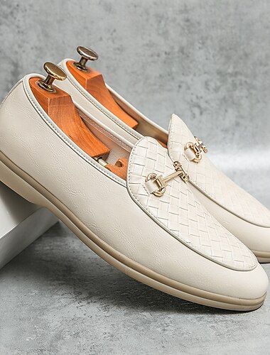  Witte instappers van imitatieleer voor heren met geweven details en gouden gesp – elegante casual schoenen voor op het werk en formele gelegenheden