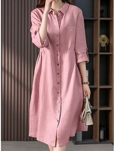  Women's Midi Dress Casual Dress Cotton Linen Dress A Line Dress Basic Casual Vacation Daily Regular Fit Plain 3/4 Length Sleeve Shirt Collar Pink Green Summer Spring Fall