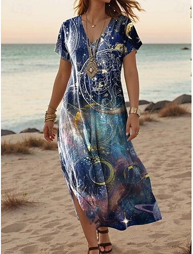  Dam Maxiklänning Paisley klänning Vardagsklänning Långärmad Boho klänning A linjeklänning bohemliv Semester Vintage Semester Dagligen Normal Blommig Kortärmad V-hals Rodnande Rosa Marinblå Bl