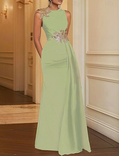  Etui-Abendkleid, elegantes Kleid, formell, bodenlang, ärmellos, Rundhalsausschnitt, Tasche, Satin mit Stickerei 2025