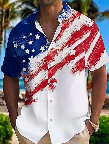  Herr Amerikanska amerikanska flaggan Patriotisk Skjorta Knapp upp skjorta Kortärmad Mode Casual Semester Helgdag Standkläder Sommar Vår Nedvikt 3D-utskrift krage skjortor Vit