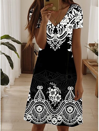  Dames Mini-jurk Casual jurk Elegant Tropisch Hawaii Dagelijks Normale pasvorm Bloemig Wijnoogst Boho Paisley Damast Korte mouw Strakke ronde hals Zwart Zomer