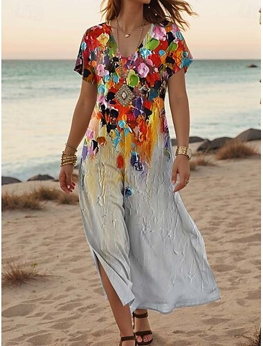  Damen Maxikleid Freizeitkleid A Linie Kleid Stilvoll Lässig Urlaub Täglich Normale Passform Blumen Kurzarm V Ausschnitt Rote Violett Purpur Orange Frühling Herbst