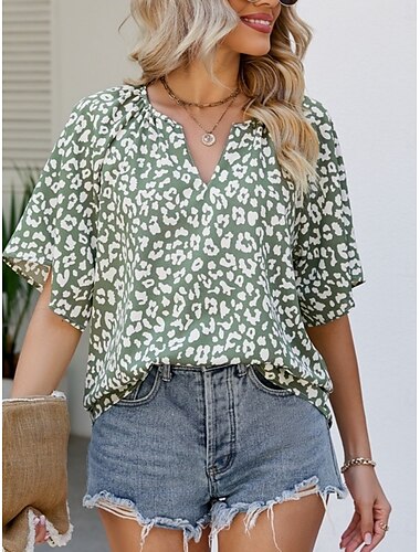  Damen Hemd Bluse Leopard Stilvoll Brautkleider schlicht Halbe Ärmel Gekerbter Hals Normale Oberteile Täglich Bedruckt Schwarz Rosa Armeegrün Khaki Sommer Frühling