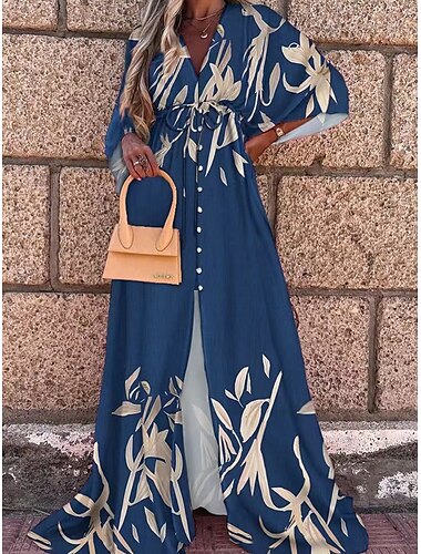  Femme Robe Maxi Robe Portefeuille Robe d'été Robe Trapèze Robe ajustée et évasée Vacances Vacances du quotidien Standard Floral manche longue Col V Rose Claire Orange Vert Bleu de minuit Eté