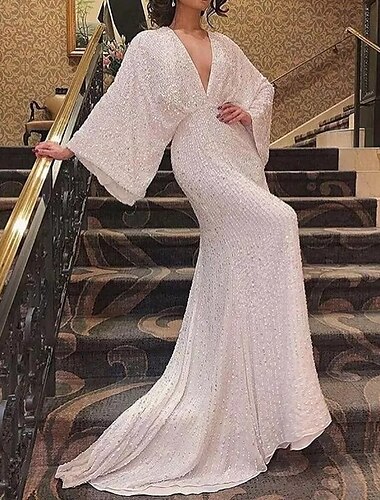  Corte Trompeta / Sirena Vestidos de noche Vintage Vestido Formal Fiesta de baile Hasta el Suelo Manga Larga Escote en Pico Lentejuelas con Brillante Lentejuela 2025