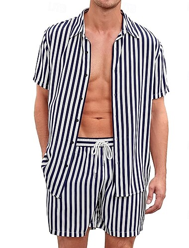  Homens Listrado 2pcs Conjuntos de camisas Tops de verão Manga Curta Calças curtas Aberto para a Lateral Férias Casual Ao ar livre Casa Casual Impressão 3D Verão Preto
