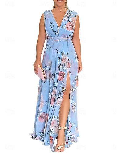  Damen Maxidress A Linie Kleid Sommerkleid Stilvoll Brautkleider schlicht Urlaub Täglich Regular Fit Blumen Kurzarm V Ausschnitt Hellgrün Himmelblau Leicht Blau Sommer