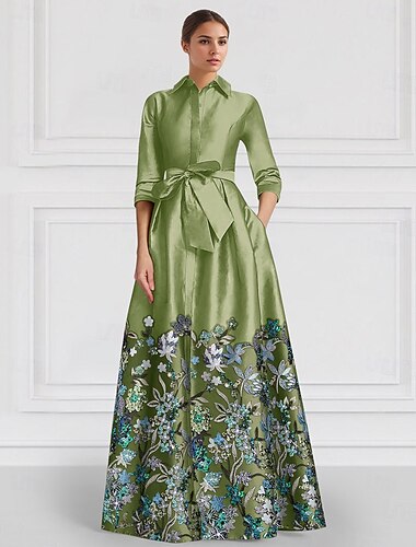  grünes, floral besticktes A-Linien-Abendkleid aus Satin, elegantes Kleid für formelle Hochzeit, bodenlang, halbe Ärmel, Hemdkragen 2025