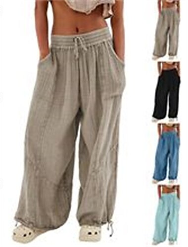  Pantalones de lino y algodón para mujer, modernos, cómodos, de calle, largos, de cintura alta, lisos, con cordón elástico en la cintura y cordón ajustable, cómodos para exteriores, para uso diario en la calle.