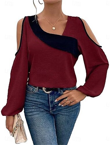  Damen Hemd Bluse Farbblock Elegant Täglich Stilvoll Langarm Laternenärmel U-Ausschnitt Normale Oberteile Arbeit Täglich Festtage Patchwork Wein Blau Beige Frühling Herbst