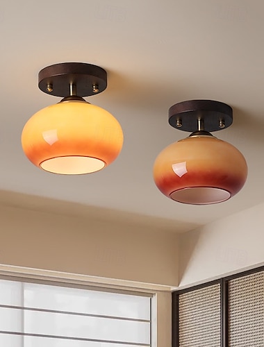  moderne retro ronde ovale koepel houten basis glas 1-lichts semi-flush montage plafondlamp voor woonkamer 110-240v