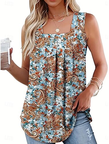  Débardeur en camisole pour femmes floral élégant décontracté sans manches encolure carrée débardeurs réguliers imprimé quotidien bleu été