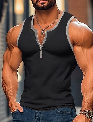  Herren Tank Top Weste Unterhemd Ärmelloses Shirt Ärmellos U-Ausschnitt Sommer Farbblock Patchwork Mode Klassisch Bequem Reißverschluss Straße Lässig Sport Schwarz Weiß Marineblau Top T-Shirt für