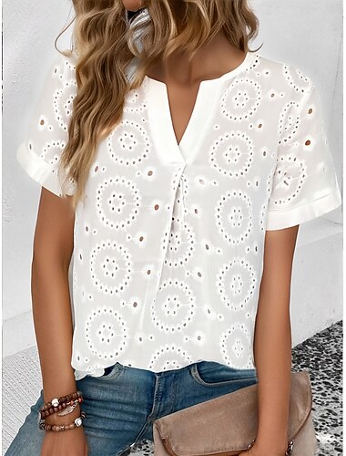  Damen Hemd Spitzenhemd Bluse Feste Farbe Stilvoll Brautkleider schlicht Kurzarm V Ausschnitt Normale Oberteile Täglich Spitze Weiß Sommer Frühling
