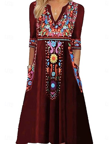  Damen Midikleid Langärmliges Boho-Kleid A Linie Kleid Boho-Kleid Stilvoll Brautkleider schlicht Urlaub Casual Täglich Regular Fit Graphic Langarm V Ausschnitt Schwarz Wein Marineblau Sommer Frühling