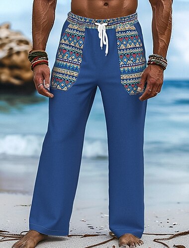  Herren Leinenhosen Hose Sommerhose Elastischer Bund Kordelzug Gerader Schnitt Geometrisch Komfort Atmungsaktiv Volle Länge Lässig Täglich Ferien Urlaub Vintage Schwarz Weiß