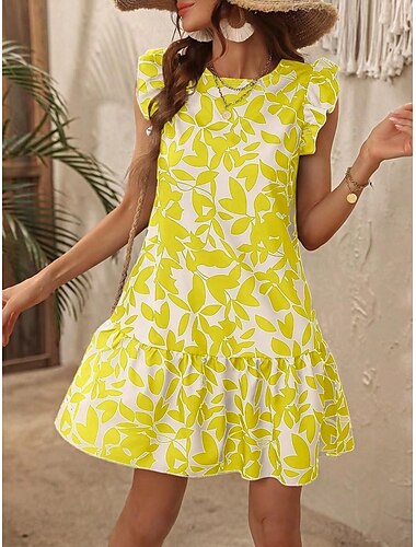  Damen Minikleid Casual kleid Tank-Top Kleid Stilvoll Brautkleider schlicht Urlaub Täglich Regular Fit Blatt Ärmellos Rundhalsausschnitt Schwarz Gelb Rote Marineblau Sommer