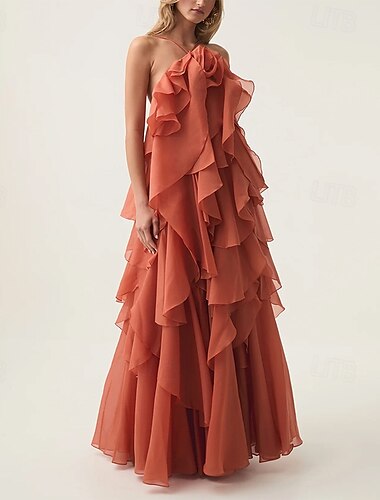  A-Linien-Abendkleid, elegantes Kleid, formelle Abendparty, bodenlang, ärmellos, Neckholder, Organza mit Blumen und Rüschen 2025