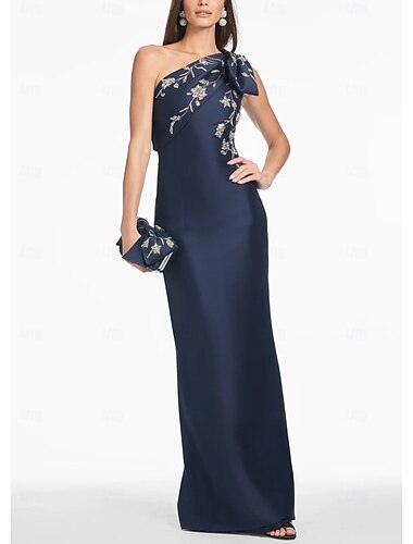  Abito da sera colonna floreale ricamato navy elegante vestito formale lungo fino al pavimento senza maniche una spalla in raso con fiocco(i) plissettato