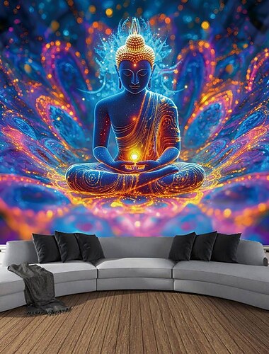  Zwartlicht Tapisserie Gloei in het Donker Gloei Feest UV Reactieve Psychedelische Mistige Boeddha Natuur Landschap Hangende Tapisserie Muurkunst Muurschildering voor Woonkamer Slaapkamer