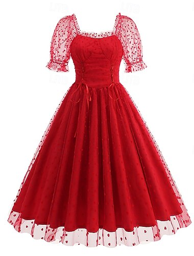  Retro Vintage 1950er Rockabilly Midlänge Cocktailkleid Ausgestelltes Kleid Tupfen Damen Valentinstag Urlaub Heimkehr Party & Abend Erwachsene Kleid Sommer