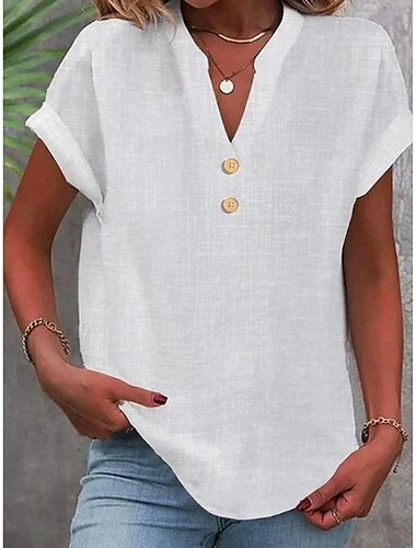  Dames Overhemd Blouse Katoenen linnen overhemden Effen Kleur Basic Casual Korte mouw V-hals Normale tops Werk Dagelijks Knop Wit Zomer