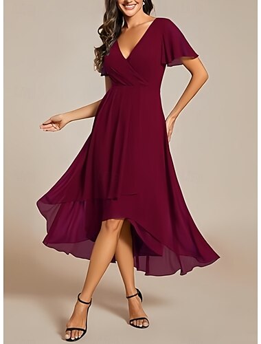  A-Linie Kleider für Hochzeitsgäste Hoch niedrig Kleid kleid hochzeitsgast Abschlussball Asymmetrisch Kurzarm V Ausschnitt Hochzeitsgast im Herbst Chiffon mit Plissee 2025