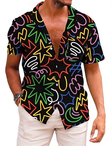  Retro Vintage 1970er Hemd Aloha-Hemd Hippie Disco Psychedelisch Herren Urlaub Party Pride Parade Erwachsene Hemd