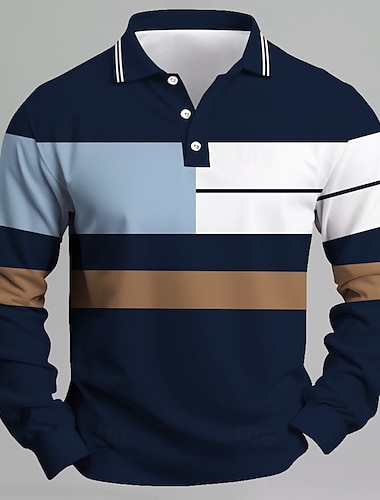 Homme Rayures Polo de rugby manche longue Polos Chemises à Col Occasionnel École Extérieur Affaires Athleisure Impression 3D Printemps Automne Noir Bleu de minuit Gris
