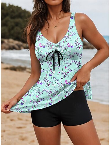  Damen Badeanzüge Tankini 2 Teilig Boyleg Badeanzug Rückenfrei Tummy Control Hochtailliert Schlank Urlaub Strandbekleidung Blumen U-Hals Ärmellose Badeanzüge