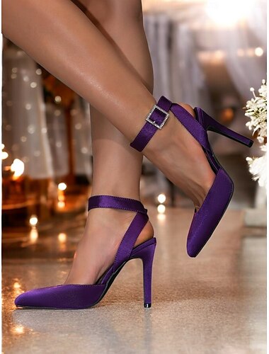  Tacones de satén morado con puntera puntiaguda y tira en el tobillo para mujer: zapatos de tacón de aguja clásicos para eventos formales y de noche y bodas