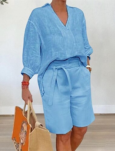  Femmes Mode Streetwear Chemise Ensembles en coton et lin Ensembles deux pièces Shorts de plage Demi Manches Col en V Couleur Unie Cordon de serrage Tenue quotidienne Date Gris foncé Bleu Kaki Été
