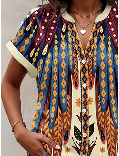  Frauen Shirt Floral Grafik Bohemia Vintage Hawaiian Kurzarmshirt Kragen Reguläre Oberteile Täglich Knöpfe Print Burgunder Frühling Herbst