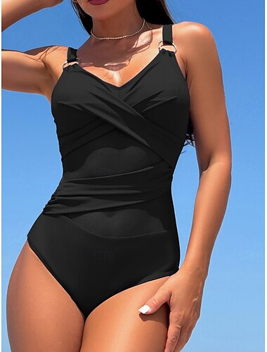  Damen-Badeanzüge Einteiliger Monokini Badeanzug Rückenfrei Bauchkontrolle Hohe Taille Schlank Urlaub Strandmode Einfarbig V-Ausschnitt Ärmellose Badeanzüge
