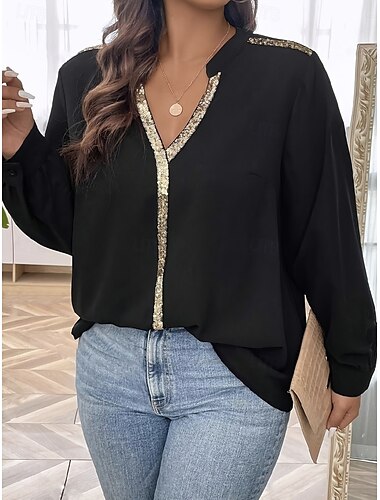  Damen Hemd Bluse Feste Farbe Stilvoll Brautkleider schlicht Langarm Gekerbter Hals Normale Oberteile Täglich Pailletten Patchwork Schwarz Sommer Frühling