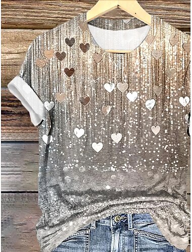  Per donna maglietta Ambra Con cuori Pop art Elegante Vintage Di tendenza Manica corta Rotonda Top regolari Giornaliero Per uscire Fine settimana Stampa Grigio Estate