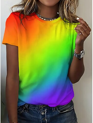  Damen T Shirt Sommeroberteile Druck Grafik Farbverläufe Klassisch Lässig Kurzarm Rundhalsausschnitt Crop Tops Täglich Wochenende Regenbogen Sommer Frühling Herbst