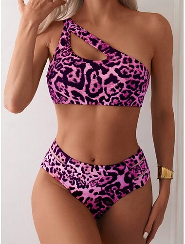  Damen Badeanzug Bikini Zweiteilig Freche Unterhose Bademode Rückenfrei Schlank Urlaub Strandbekleidung Leopard Asymmetrischer Ausschnitt Ärmellos Badeanzüge