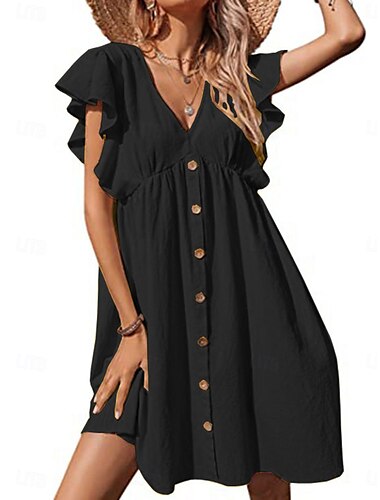  Damen Mini Kleid Shift Kleid Rüschkleid Lässig Urlaub Lässig Täglich Reguläre Passform Grafik Kurzarm V-Ausschnitt Schwarz Rosa Marineblau Khaki Sommer Frühling