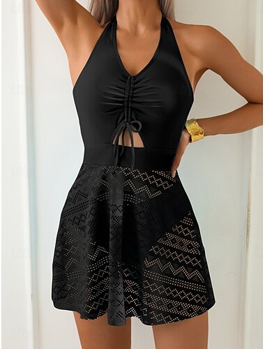  Damen Badeanzug Tankini 2 Stück Cheeky-Bikinihose Bademode Gitter Rückenfrei Hohe Taillenlinie Urlaub Strandbekleidung Feste Farbe V Ausschnitt Ärmellos Badeanzüge