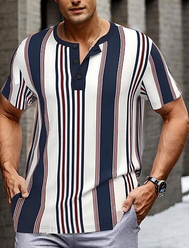  Herren Geometrisch Streifen T Shirt Henley Hemd Kurzarm Designer Retro Vintage Lässig Täglich Straße Sommer Frühling Marineblau Henley Henley T-Shirt