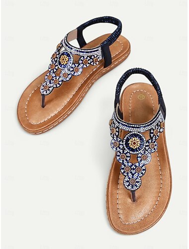  Sandalias florales con cuentas para mujer: elegantes sandalias de tiras bohemias con adornos de diamantes de imitación para el verano, la playa y la ropa informal