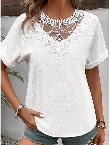 Per donna Camicia Blusa Tinta unica Elegante Moda Essenziale Manica corta Girocollo Top regolari Giornaliero Pizzo Con ricami Bianco Estate Primavera
