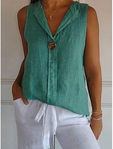 Dames Overhemd Knoop omhoog Katoenen linnen overhemd Blouse Effen Kleur Elegant Dagelijks Stijlvol Mouwloos V-hals Normale tops Dagelijks Feestdagen Uitgaan Lapwerk Wit Marineblauw Groen Khaki Zomer