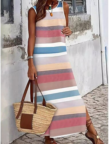  Damen Maxidress Etuikleid skims dress Schulterfreies Kleid Brautkleider schlicht Urlaub Casual Täglich Regular Fit Graphic Ärmellos Rundhalsausschnitt Regenbogen Sommer